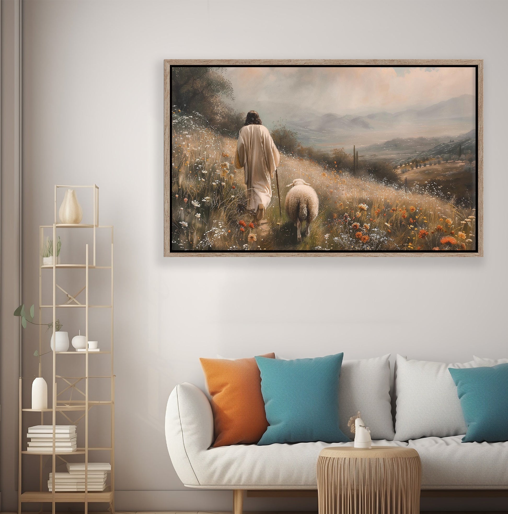 Jesus Leaves the 99 Sheep Poster, Jesus Landscape Wall Art, Christian Landscape Art, Bible Art Poster, Jesus and lamb Wall Art, Christian Poster